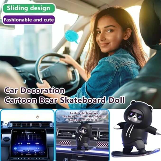 Skateboarding Bear Car Ornament – Fun Dashboard Decoration
