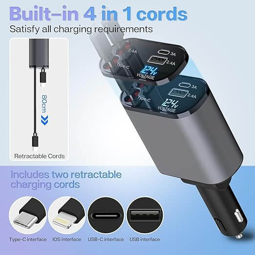 4-in-1 Retractable Car Charger – 100W Super Fast Charging with Dual USB Ports
