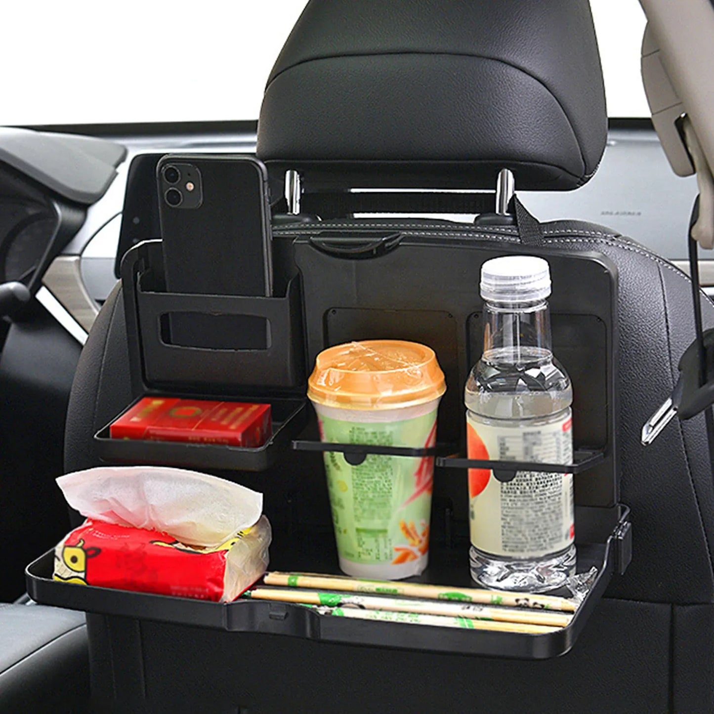Car Backseat Meal & Snack Tray with Cup Holder (Black, 1 Piece)