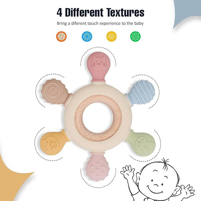 Silicone & Wood Baby Teether – BPA Free, Beige