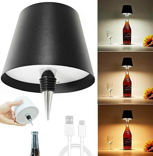 Wireless LED Wine Bottle Table Lamp – Vintage Iron | 3 Color Modes | Rechargeable | Touch Control