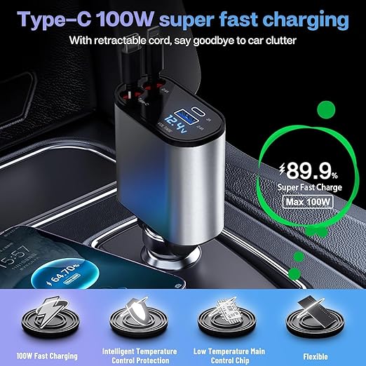 4-in-1 Retractable Car Charger – 100W Super Fast Charging with Dual USB Ports
