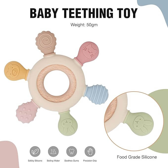 Silicone & Wood Baby Teether – BPA Free, Beige