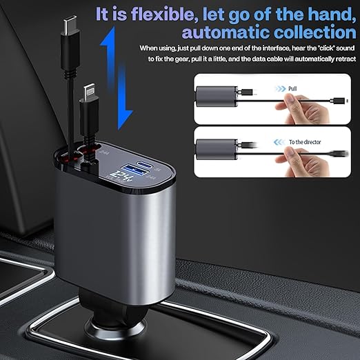 4-in-1 Retractable Car Charger – 100W Super Fast Charging with Dual USB Ports