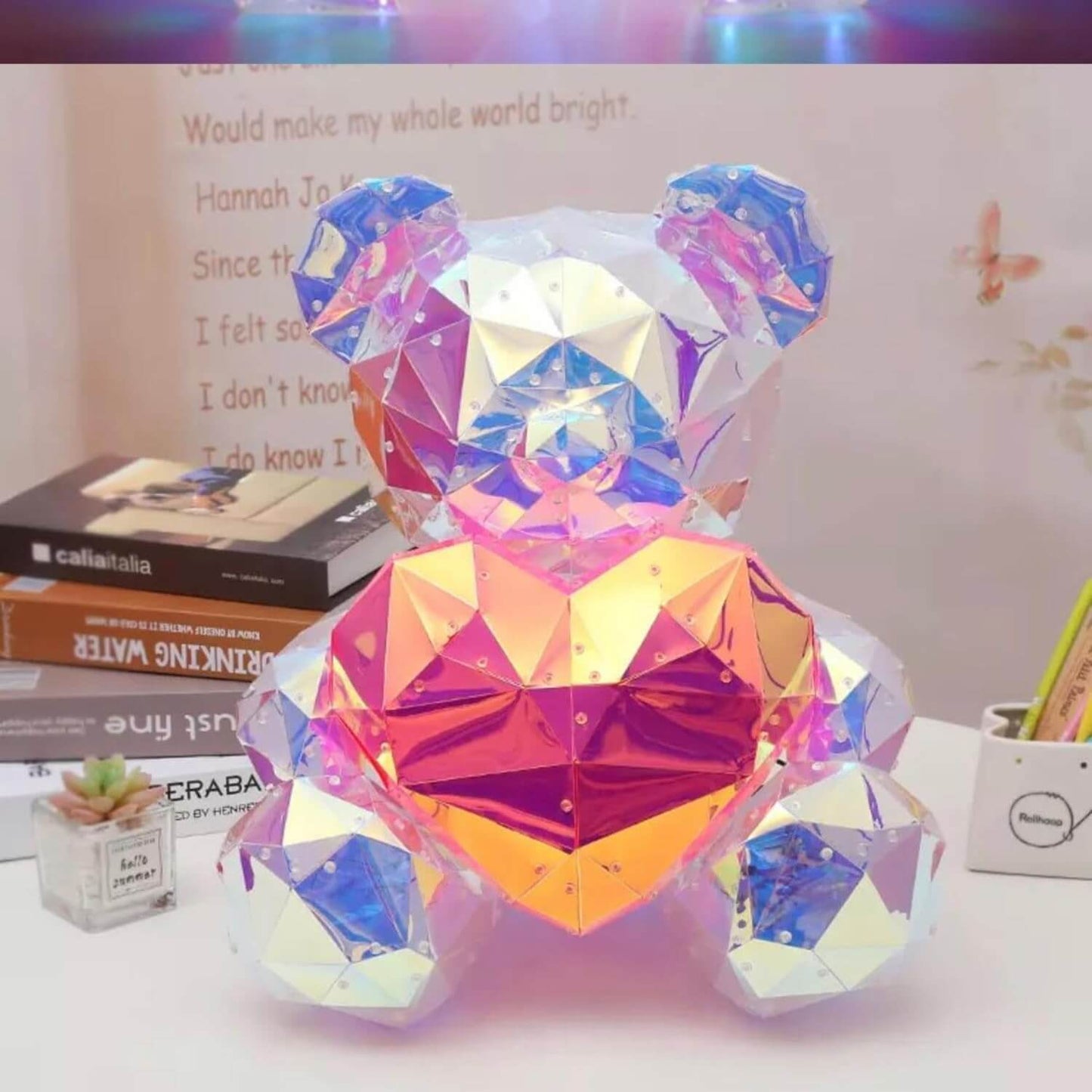 Glowing Teddy Bear Night Light – Holographic LED Mood Lamp (18 cm, Red)