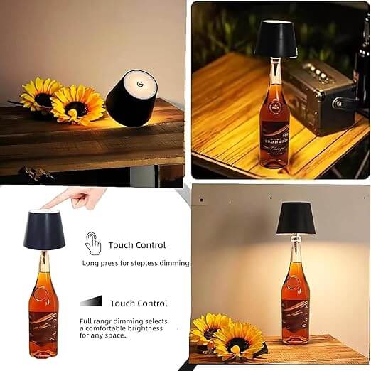 Wireless LED Wine Bottle Table Lamp – Vintage Iron | 3 Color Modes | Rechargeable | Touch Control