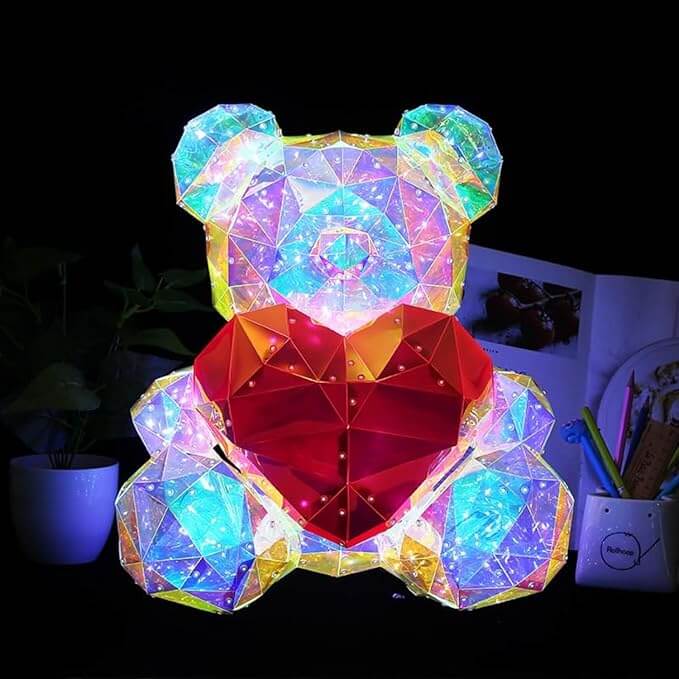 Glowing Teddy Bear Night Light – Holographic LED Mood Lamp (18 cm, Red)