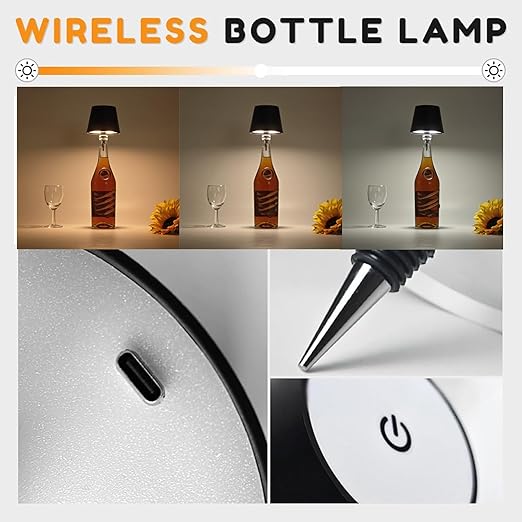 Wireless LED Wine Bottle Table Lamp – Vintage Iron | 3 Color Modes | Rechargeable | Touch Control