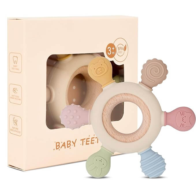 Silicone & Wood Baby Teether – BPA Free, Beige