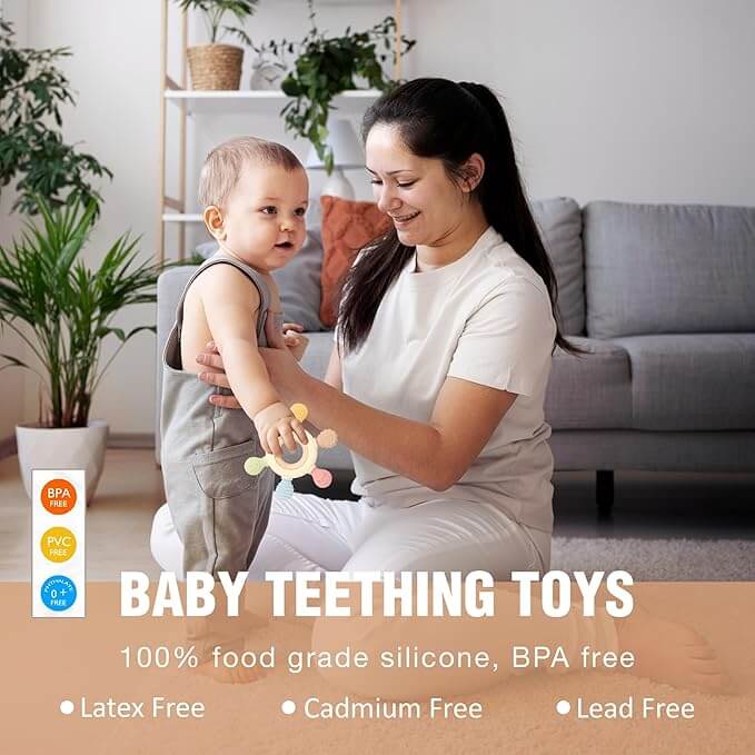 Silicone & Wood Baby Teether – BPA Free, Beige