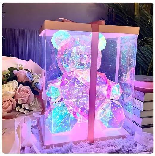 Glowing Teddy Bear Night Light – Holographic LED Mood Lamp (18 cm, Red)