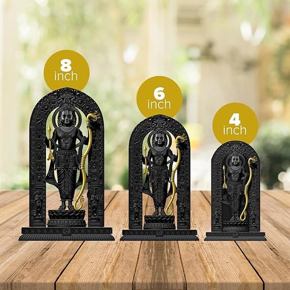 Ram Lalla Ayodhya Idol Statue – 3D Polyresin Murti Showpiece for Home Temple Decor & Spiritual Gifting (15 cm, Black & Gold)