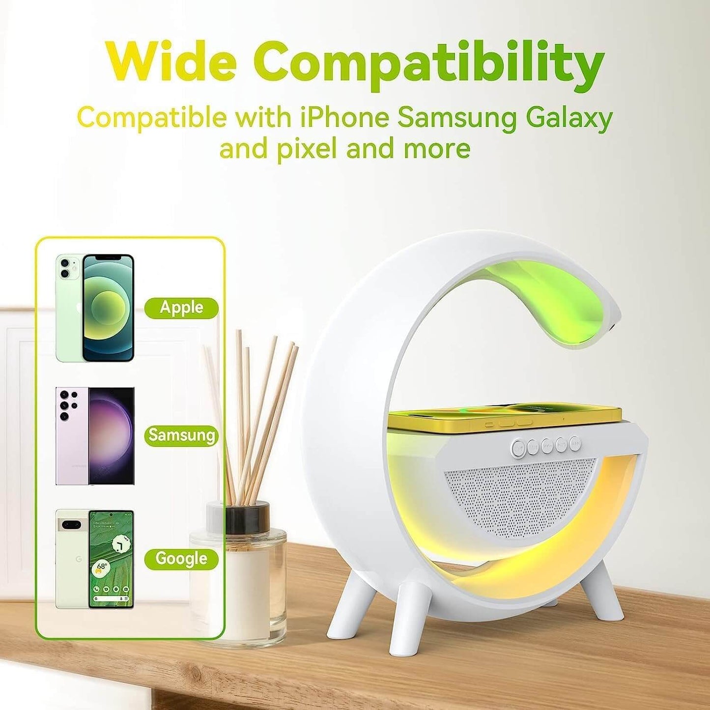 Table Lamp with Wireless Charger, Bluetooth Speaker & RGB Mood Lighting – 15W Fast Charging, Color Changing Bedside Lamp
