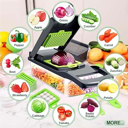 14-in-1 Multipurpose Vegetable Chopper & Slicer – Manual Food Processor with Grater, Peeler, Dicer & Unbreakable Body (Green)