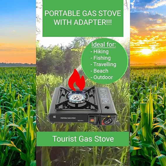 Portable Camping Gas Stove with Carrying Case – Butane-Powered Outdoor Cooking Burner for Hiking, Trekking & Travel – 3000W Stainless Steel Single Burner (Black, 34x26x7.5 cm)