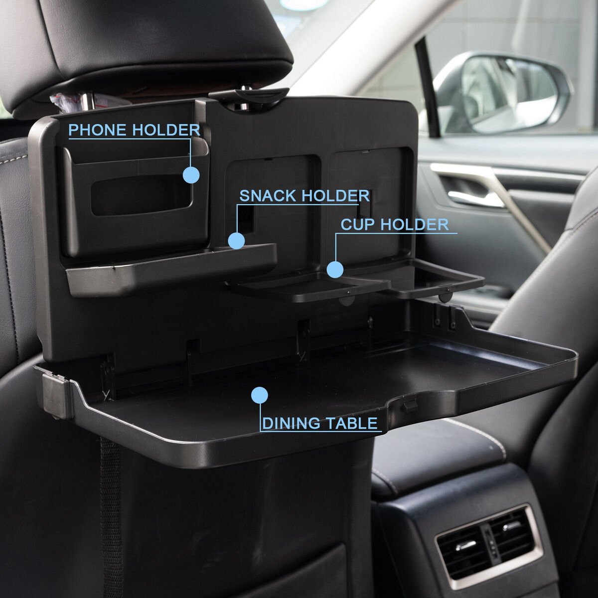 Car Backseat Meal & Snack Tray with Cup Holder (Black, 1 Piece)