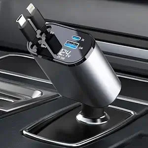 4-in-1 Retractable Car Charger – 100W Super Fast Charging with Dual USB Ports