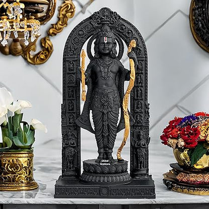 Ram Lalla Ayodhya Idol Statue – 3D Polyresin Murti Showpiece for Home Temple Decor & Spiritual Gifting (15 cm, Black & Gold)