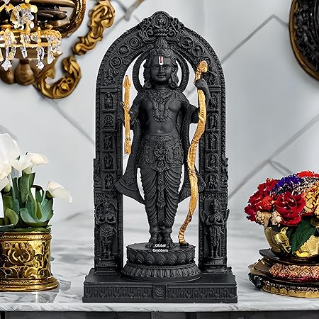 Ram Lalla Ayodhya Idol Statue – 3D Polyresin Murti Showpiece for Home Temple Decor & Spiritual Gifting (15 cm, Black & Gold)