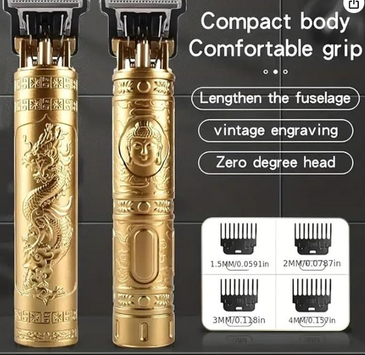 Professional T9 Hair Trimmer – Vintage Gold Cordless Clipper with Buddha Design & 4 Guide Combs – Beard & Hair Grooming Tool
