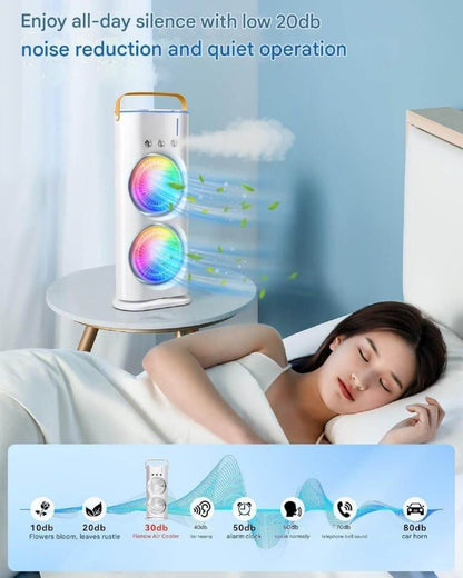 3-in-1 Portable Mini Air Cooler Fan with Mist Spray & LED Light | USB Rechargeable Personal Desk Air Conditioner | Dual Fan Design for Home, Office & Outdoor Use