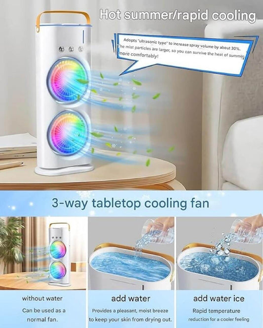 3-in-1 Portable Mini Air Cooler Fan with Mist Spray & LED Light | USB Rechargeable Personal Desk Air Conditioner | Dual Fan Design for Home, Office & Outdoor Use