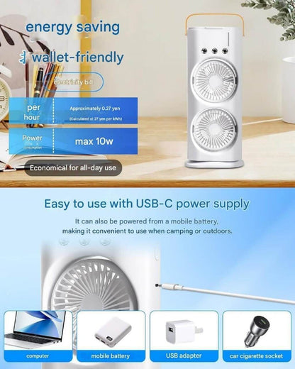 3-in-1 Portable Mini Air Cooler Fan with Mist Spray & LED Light | USB Rechargeable Personal Desk Air Conditioner | Dual Fan Design for Home, Office & Outdoor Use