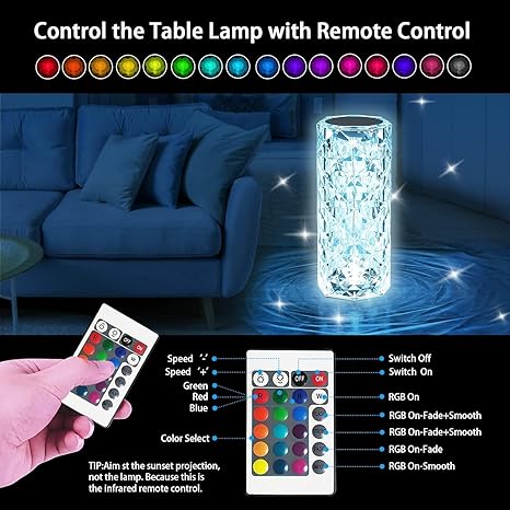16-Color Changing Crystal Diamond Table Lamp – USB Rechargeable Touch Bedside Lamp with Remote, Astronaut Projector Night Light for Bedroom & Home Decor