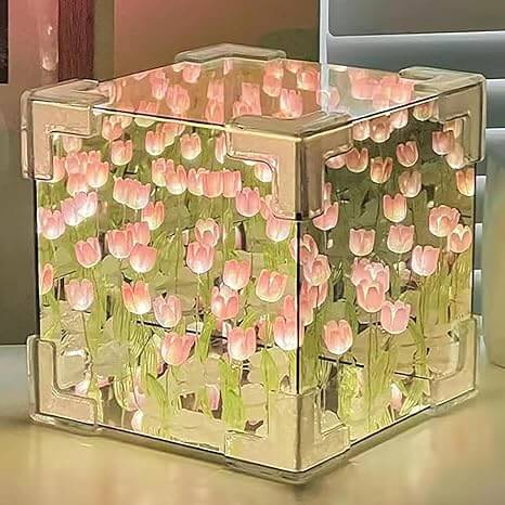 DIY Tulip Night Light Cube – 2-in-1 Flower Mirror Lamp with 20 LED Multicolor Tulips | Handmade Floral Table Decor for Bedroom & Gifts