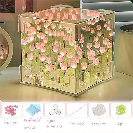 DIY Tulip Night Light Cube – 2-in-1 Flower Mirror Lamp with 20 LED Multicolor Tulips | Handmade Floral Table Decor for Bedroom & Gifts
