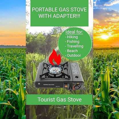 Portable Camping Gas Stove with Carrying Case – Butane-Powered Outdoor Cooking Burner for Hiking, Trekking & Travel – 3000W Stainless Steel Single Burner (Black, 34x26x7.5 cm)