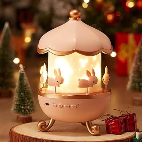 Bunny Carousel Night Light Projector – Rotating LED Lamp with 6 Films, Starry Sky & Galaxy Projection for Kids Room Decor (Rose Gold)