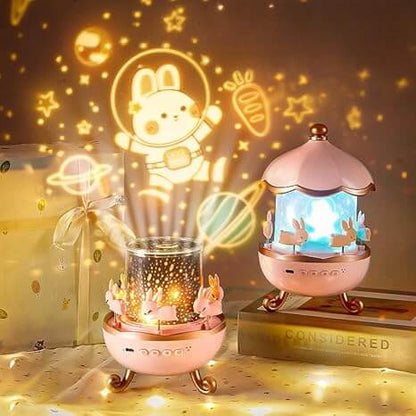 Bunny Carousel Night Light Projector – Rotating LED Lamp with 6 Films, Starry Sky & Galaxy Projection for Kids Room Decor (Rose Gold)