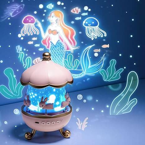 Bunny Carousel Night Light Projector – Rotating LED Lamp with 6 Films, Starry Sky & Galaxy Projection for Kids Room Decor (Rose Gold)