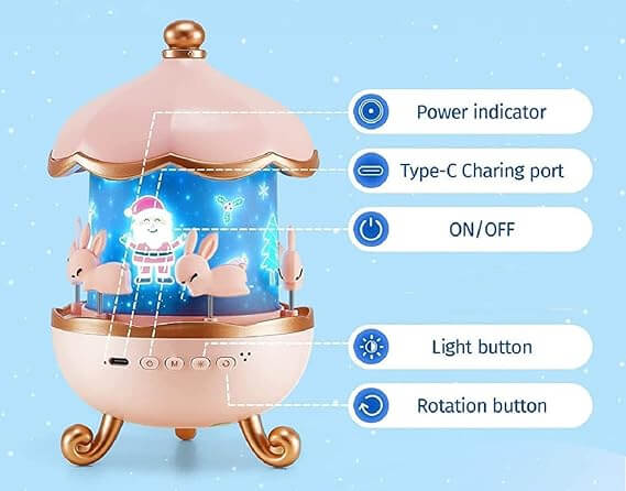 Bunny Carousel Night Light Projector – Rotating LED Lamp with 6 Films, Starry Sky & Galaxy Projection for Kids Room Decor (Rose Gold)
