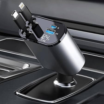 4-in-1 Retractable Car Charger – 100W Fast Charging with Dual USB Ports, Type-C & Lightning Cables, Universal Compatibility, Silver