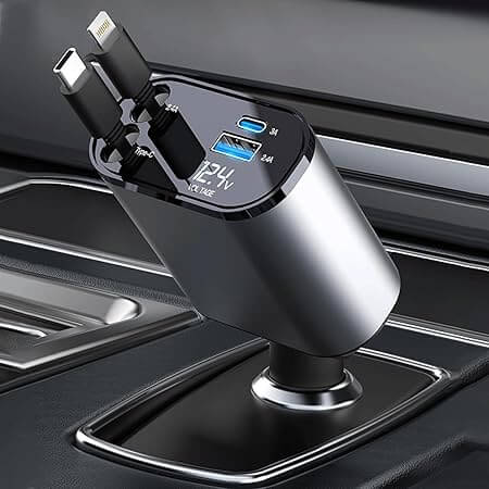 4-in-1 Retractable Car Charger – 100W Fast Charging with Dual USB Ports, Type-C & Lightning Cables, Universal Compatibility, Silver