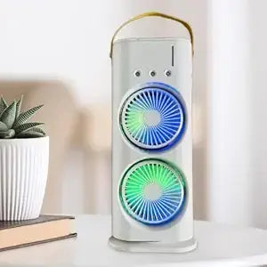 3-in-1 Portable Mini Air Cooler Fan with Mist Spray & LED Light | USB Rechargeable Personal Desk Air Conditioner | Dual Fan Design for Home, Office & Outdoor Use