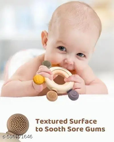 2-in-1 Silicone & Wooden Baby Teething Ring – Sensory Beads Rattle Toy for Chewing & Mouthing (3-12 Months)