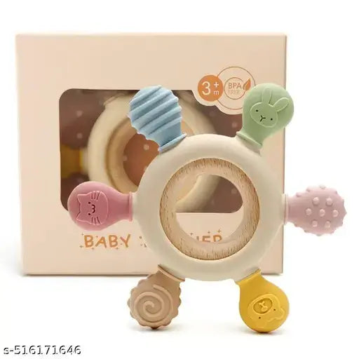 2-in-1 Silicone & Wooden Baby Teething Ring – Sensory Beads Rattle Toy for Chewing & Mouthing (3-12 Months)