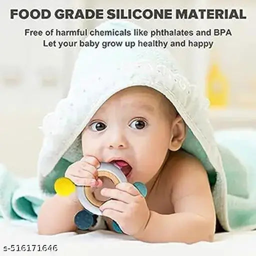 2-in-1 Silicone & Wooden Baby Teething Ring – Sensory Beads Rattle Toy for Chewing & Mouthing (3-12 Months)