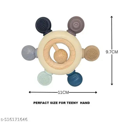 2-in-1 Silicone & Wooden Baby Teething Ring – Sensory Beads Rattle Toy for Chewing & Mouthing (3-12 Months)