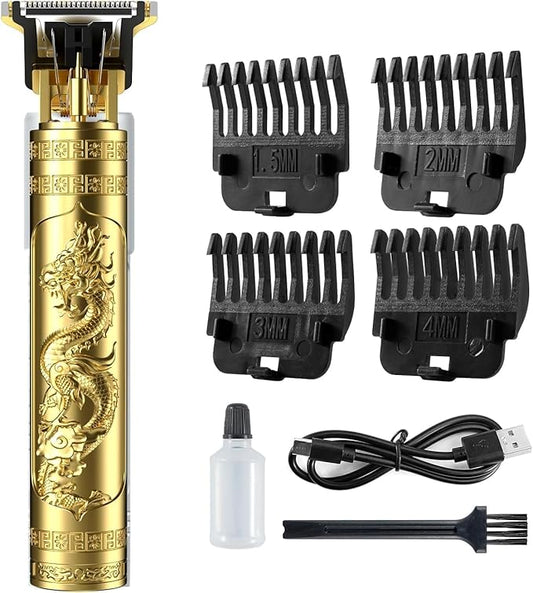 Professional T9 Hair Trimmer – Vintage Gold Cordless Clipper with Buddha Design & 4 Guide Combs – Beard & Hair Grooming Tool